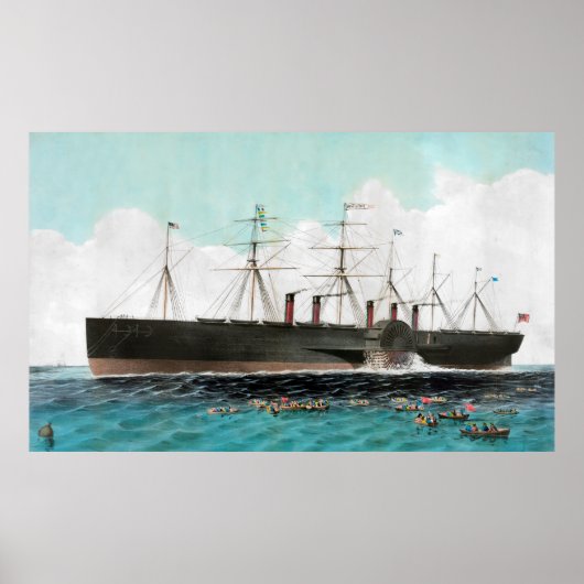 Poster Vintage SS Great Eastern Steamboat Painting (1858) (Devant)