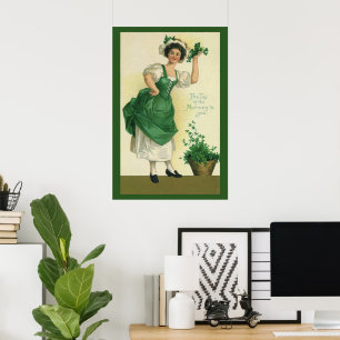 Poster Vintage St. Patrick's Day Irish Lass avec Clovers
