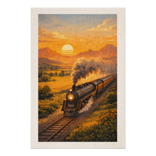 Poster Vintage Steam Locomotive Sunset Retro Travel