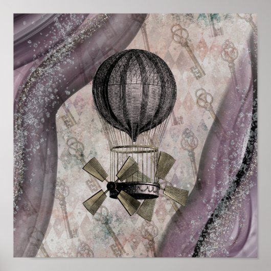 Poster Vintage Steampunk Glam Purple Airship (Devant)