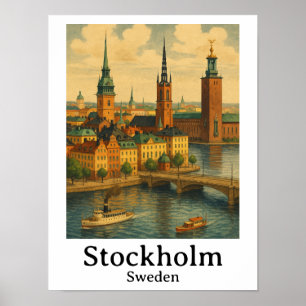 Poster Vintage Stockholm Suède Nordic Travel