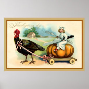 Poster Vintage Thanksgiving Girl, Citrouille, carte Turqu