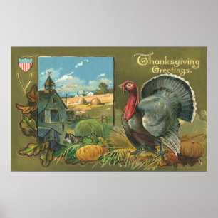 Poster Vintage Thanksgiving, Turkey on the Farm
