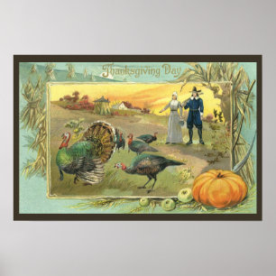 Poster Vintage Thanksgiving with Pilgrims and Turkeys