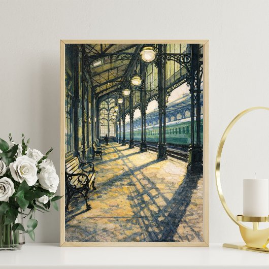 Poster vintage train station art classic railway station