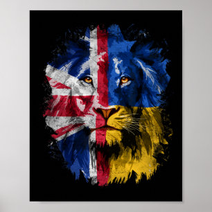 Poster Vintage Uk Et Ukraine Drapeau Lion Visage Ukrainie