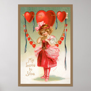 Poster Vintage Valentines Day, Victorian Girl with Heart