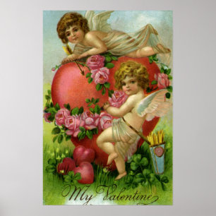 Poster Vintage Victorian Valentines Day Angels Heart Rose