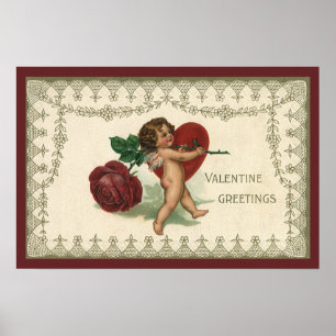 Poster Vintage victorien Saint-Valentin Chérubin, Rose et