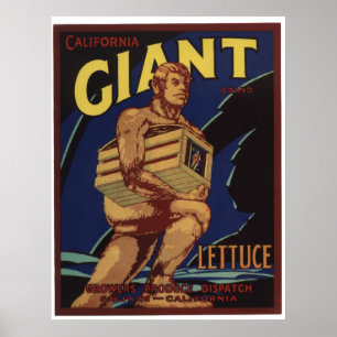 Poster Vintage Vieux Géant Laitue Légumes Crate Étiquette