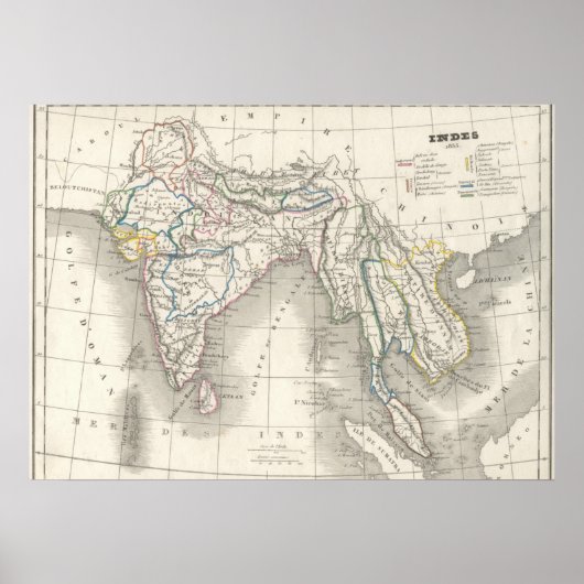 Poster Vintage vieux monde Inde Inde carte indienne impri (Devant)