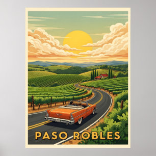 Poster Vintage voiture paso robles vin pays au coucher du