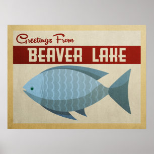 Poster Vintage voyage bleu de poissons de lac beaver