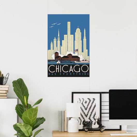 Poster Vintage voyage Chicago a tout City Skyline (Bureau à domicile)