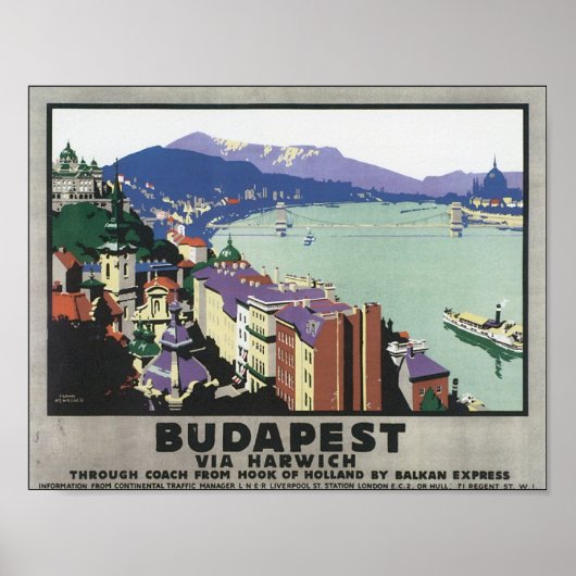 Poster Vintage voyage de Budapest Via Harwich (Devant)