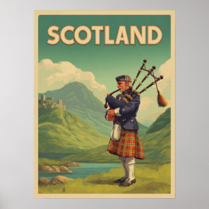 Poster Vintage voyage écossais - Highland Bagpiper