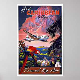 Poster Vintage voyage la Caraïbe par avion