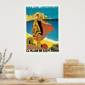 Poster Vintage voyage " La Plage de Calvi" (Cuisine)
