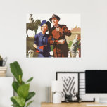 Poster Vintage voyage, Touristes en Vacances<br><div class="desc">Image vintage illustrant un homme,  une femme et une statue d'un homme sur un cheval. Deux touristes à visiter en vacances.</div>
