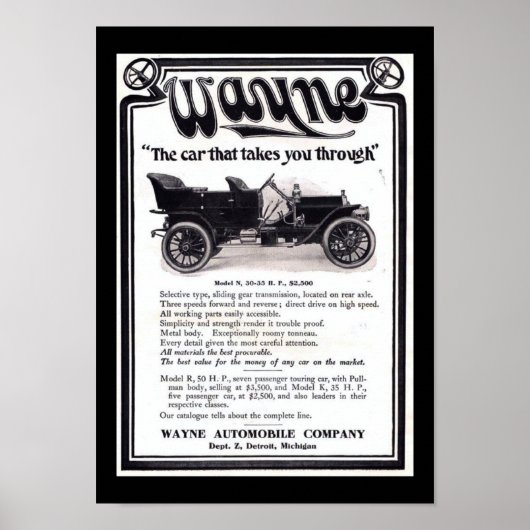 Poster Vintage Wayne Automobiles Company (Devant)