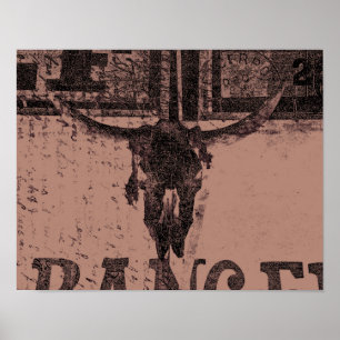 Poster Vintage Western Bull Skull Brown Vieux Pays