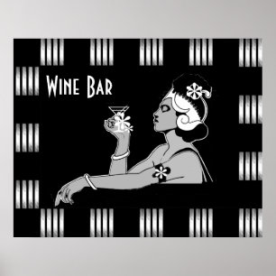 Poster Vintage Wijn Art Deco Streep Zwart Wit