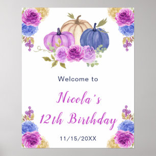 Poster Violet et bleu marine Floral Citrouilles Anniversa
