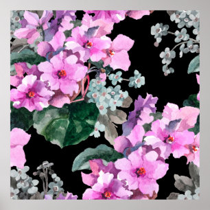 Poster Violet fleurs et oublier moi pas aquarelle sur bla