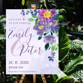 Poster Violet Floral Romantique Accueil À Notre Mariage
