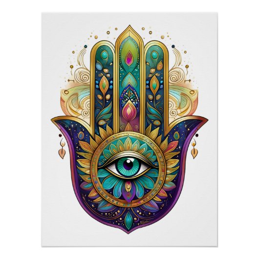 Poster Violet Green Gold Petals Hamsa Turquoise Third Eye (Devant)