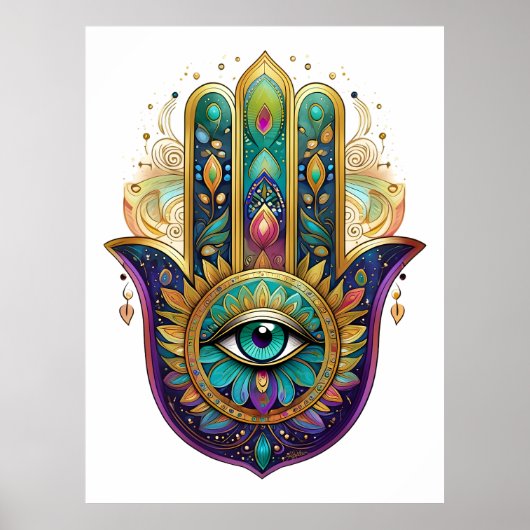 Poster Violet Green Gold Petals Hamsa Turquoise Third Eye (Devant)
