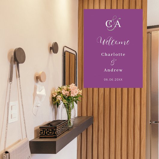 Poster Violet monogramme moderne simple mariage accueil