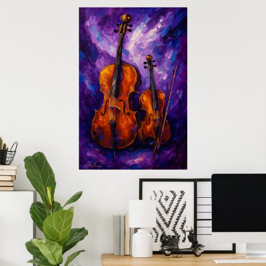 Poster Violin and Cello Against Purple Background (Bureau à domicile)