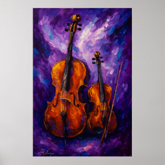 Poster Violin and Cello Against Purple Background