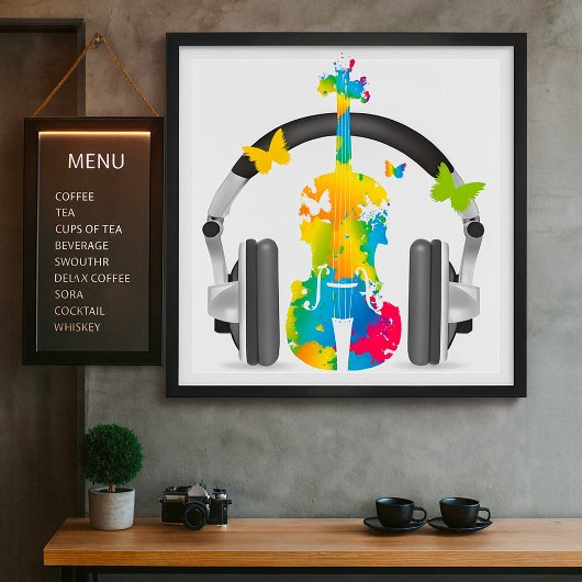 Poster Violon Abstrait avec casque et musique