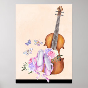 Poster Violon, Chaussures de Ballet, Fleurs et Papillons
