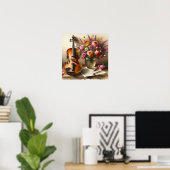 Poster Violon, Partition et un Vase de Fleurs (Bureau à domicile)