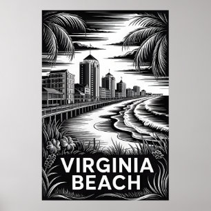 Poster Virginia Beach Virginie Noir Blanc Gravure sur boi