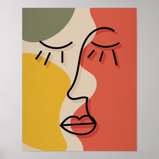 Poster Visage Abstrait Boho Vert Rouge Beige Jaune Art Mu (Devant)