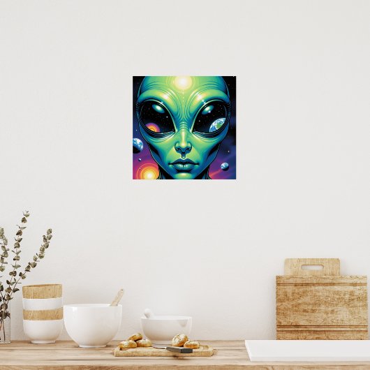 Poster Visage Alien avec des planètes Réflexions dans les (Cuisine)