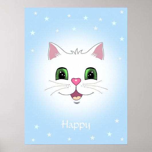 Poster Visage de chat blanc mignon drôle sur fond bleu cl (Devant)