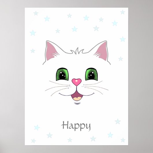 Poster Visage de chat blanc mignon et drôle et étoiles (Devant)