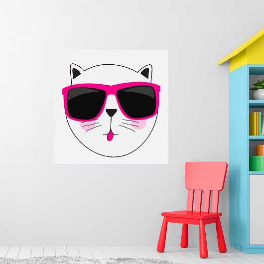Poster Visage de chat cool avec lunettes de soleil roses 