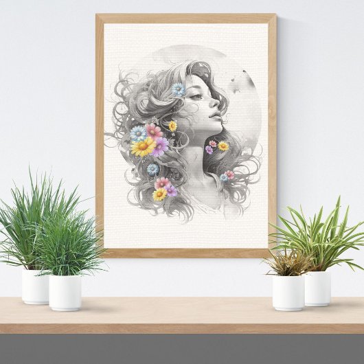 Poster Visage de Femme Avec Effet Texturé de Fleurs