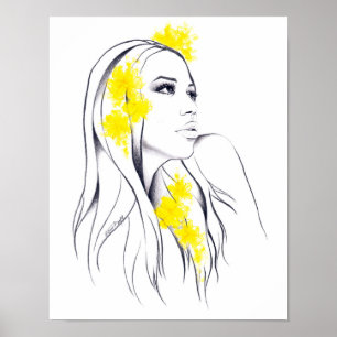 Poster Visage de femme Fleurs jaunes Illustration de mode