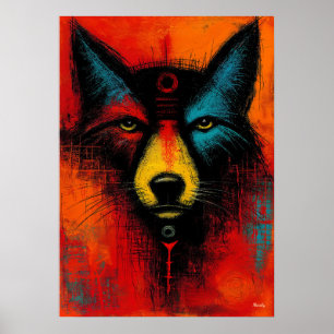 Poster Visage de Loup Mystique dans des Champs de Couleur
