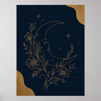 Poster Visage de Lune Croissante Mystique et Céleste Doré