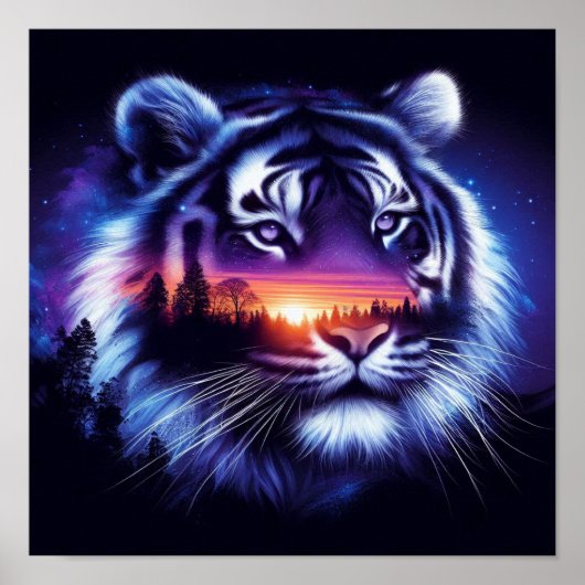 Poster Visage de tigre et paysage de coucher de soleil Pi (Devant)