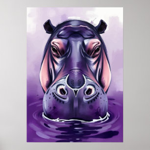 Poster Visage hippo violet - Bête d'eau gras et jouant