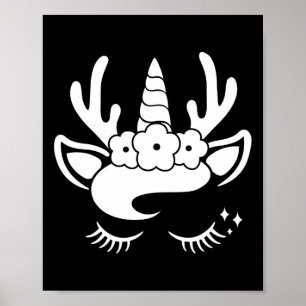 Poster Visage Unicorne Reindeer Avec Fleurs Wreath Cute C